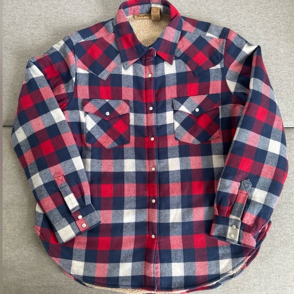 Wrangler Flannel Shirt Sherpa Shacket Plaid Button Jacket Men’s Medium VTG